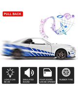 1:24 Scale Die-Cast Sports Car Model with Sound, Light & Opening Doors – Pull Back Toy Car
